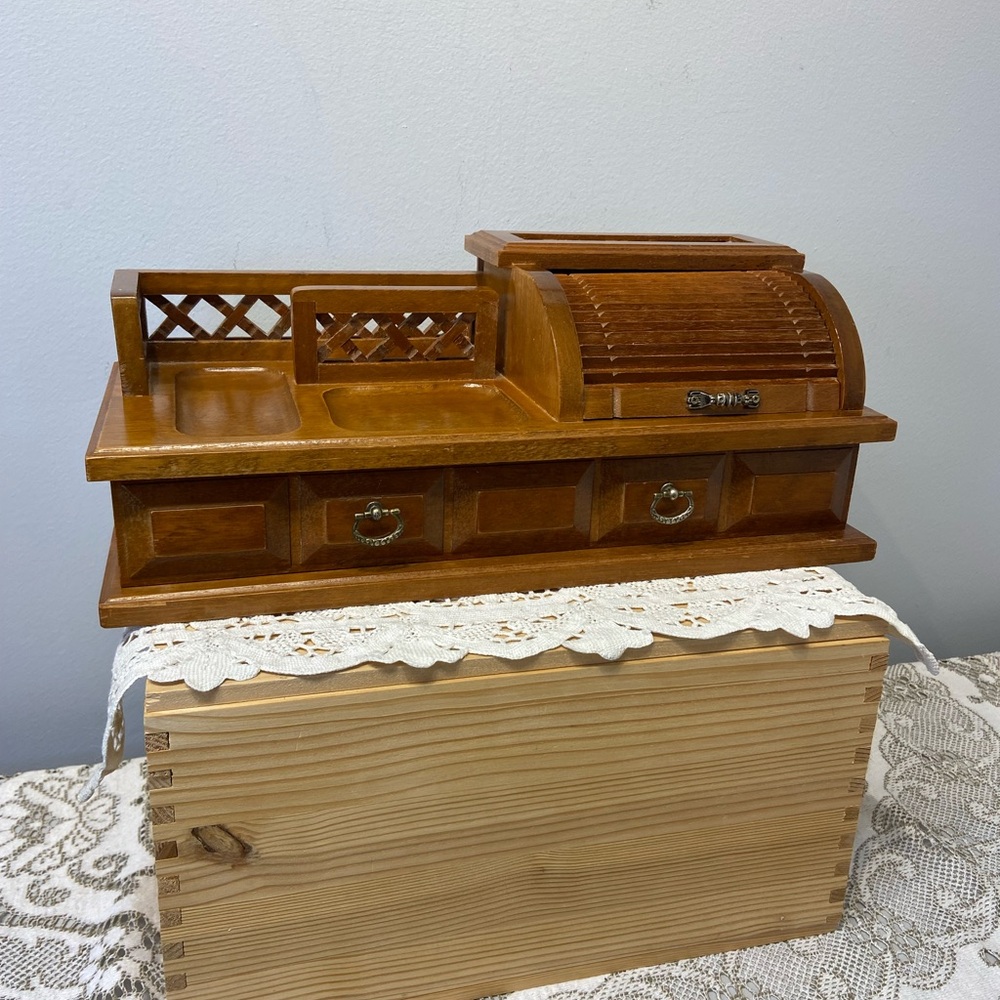 Vintage Wooden Roll-top Desk Jewelry Box Valet